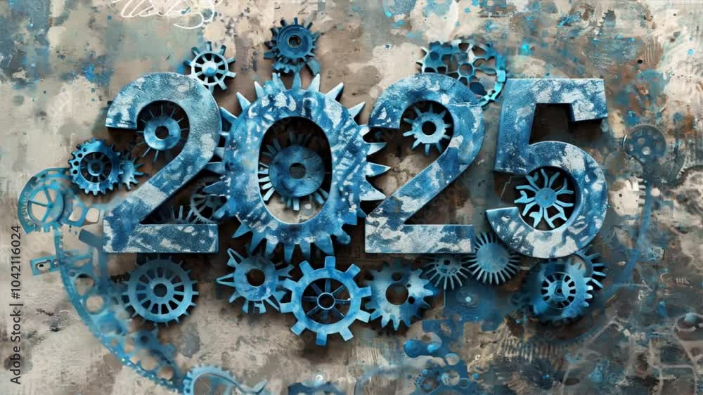 Poster colorful gears and cogs of 2025 an abstract design of innovation and progress in blue technology and