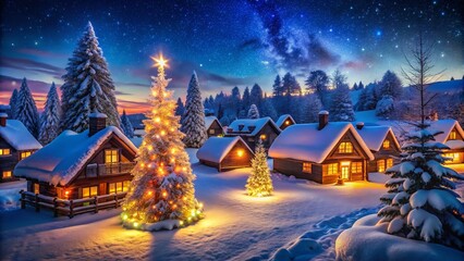 Winter Village Night Scene with Christmas Trees Under Snowy Sky for Holiday Celebrations