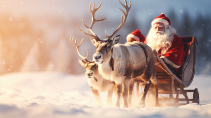generated illustration of Santa Claus with Reindeers sleigh flying over the city on Christmas eve.
