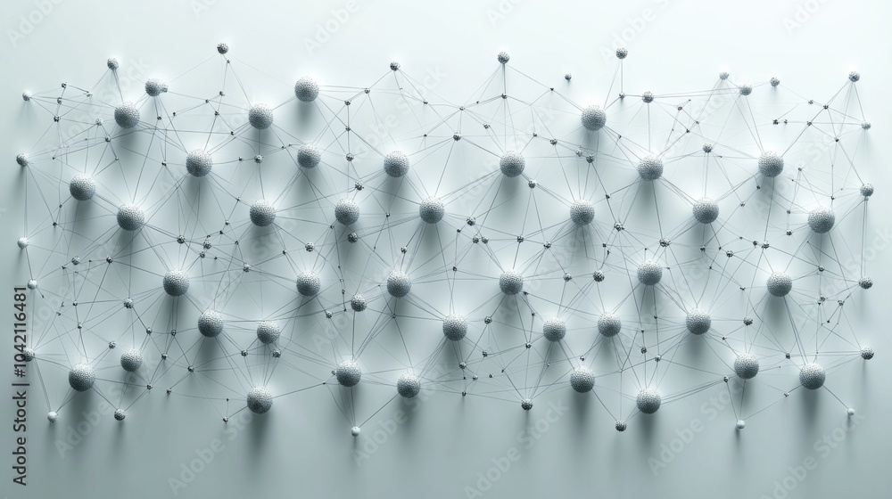 Fototapete An intricate arrangement of nodes connected by lines showcases a network structure against a soft, light background, emphasizing connectivity and complexity.