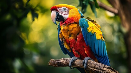 Colorful parrot perched on a branch in a tropical setting