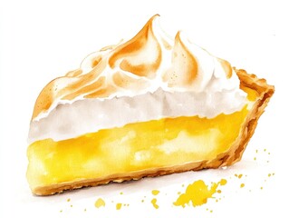 A watercolor slice of lemon meringue pie, with golden crust and fluffy meringue peaks, soft yellow tones popping against a clean white background.