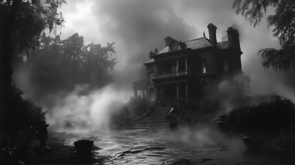 A hauntingly abandoned mansion shrouded in fog, surrounded by dense trees in a mysterious atmosphere at dusk