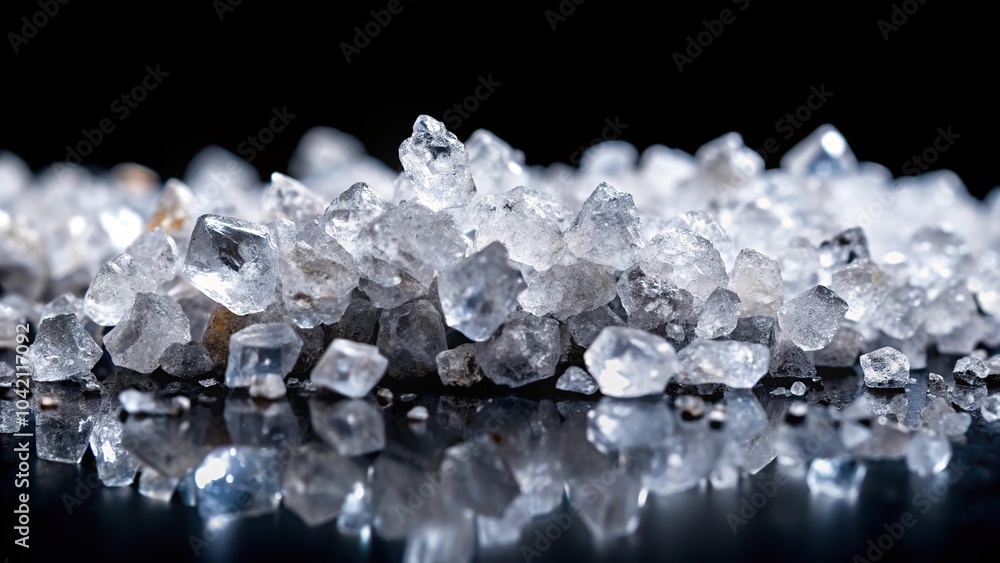 Poster crystals of salt isolated on black background with shallow depth of field