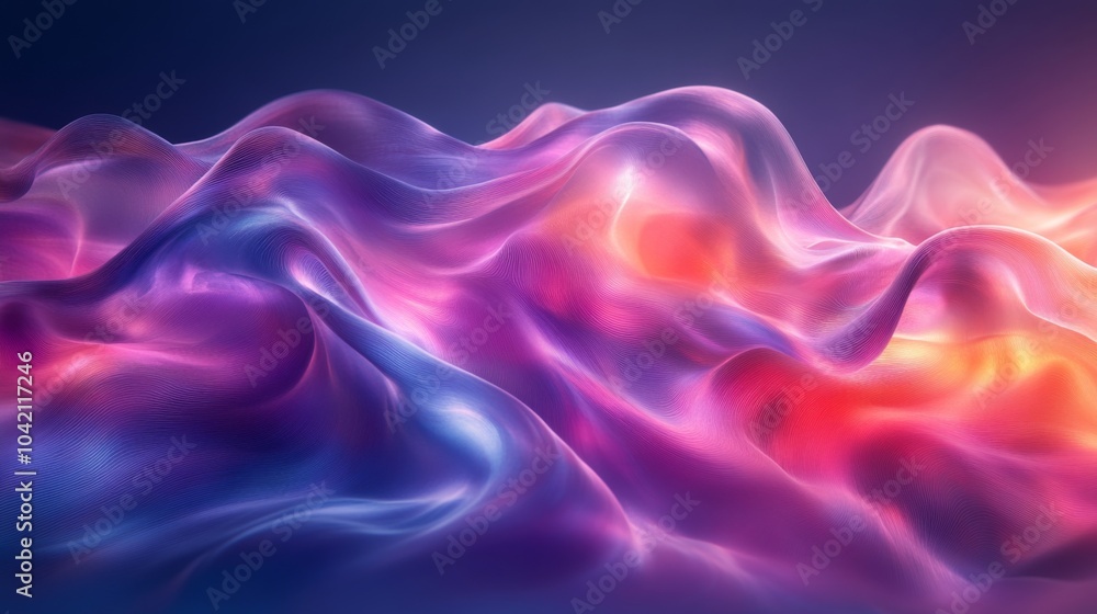 Poster Colorful waves of light swirl together, creating a mesmerizing effect in this vibrant digital artwork that showcases fluid motion. The interplay of colors captivates the viewer attention.
