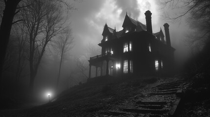 Obraz premium A mysterious old mansion shrouded in fog during a moonlit night surrounded by dense trees and eerie atmosphere