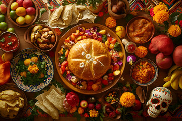 Pan de Muerto on a Mexican holiday dinner table, Day of the Dead