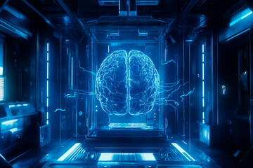 Fototapeta premium A dark, high-tech room illuminated by a bright light in the center. In the middle, a crystal platform holds a glowing cyborg brain, with vibrant electric blue lines and waves flowing through it. 