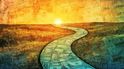 A winding path made of money leads towards a sunset.