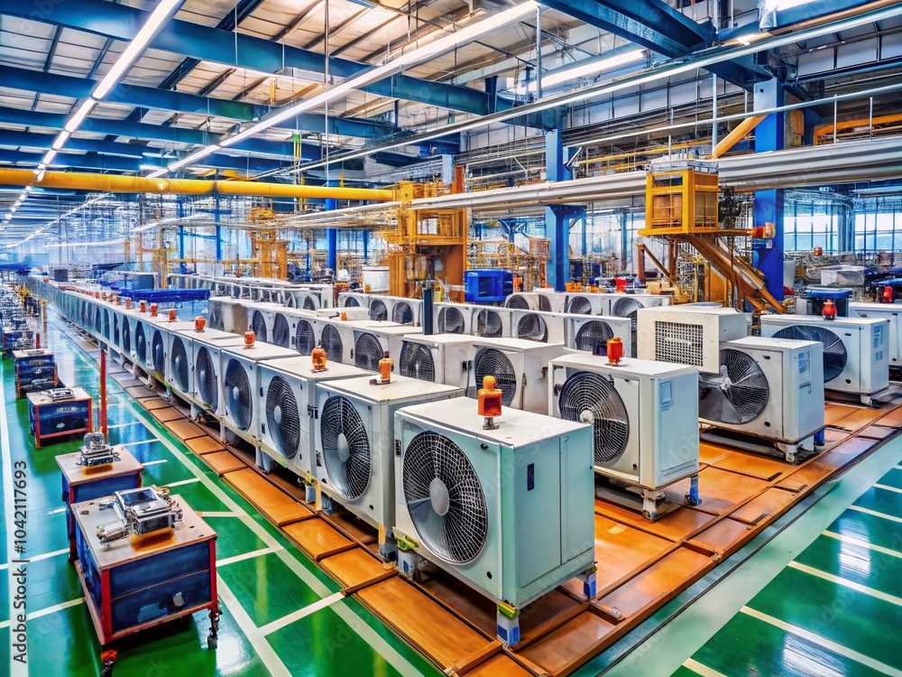 Poster workers on assembly line manufacturing air conditioning units in a factory setting