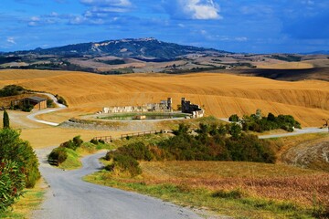 Tuscan landscape near the town of Lajatico, in the province of Pisa, Italy with the Teatro del Silenzio in the background