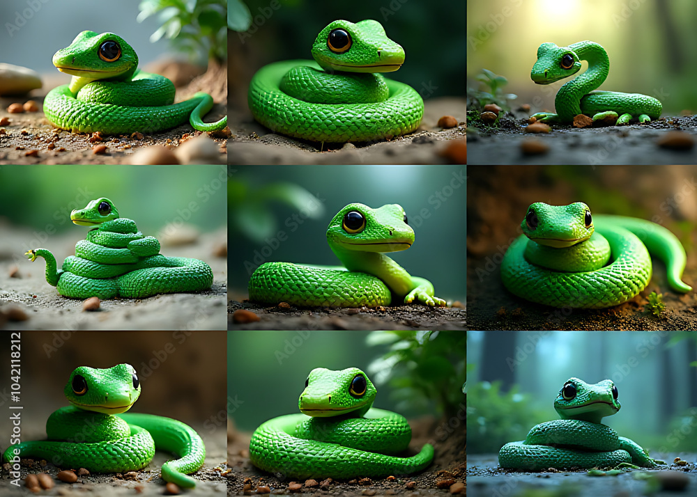 Poster A collection of vibrant scenes features green snakes in various settings, creating a unique and eye catching visual display.
