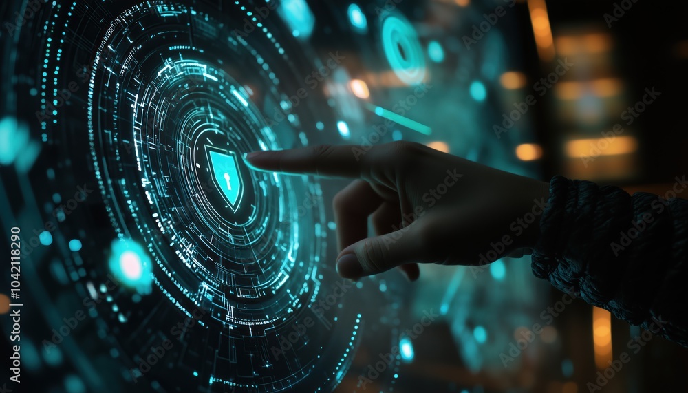 Poster hand pointing at digital cybersecurity interface with lock icon in futuristic graphic style on dark 