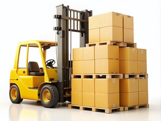 Yellow Forklift Truck Model with Carton Boxes on White Background for Logistics and Transportation Use