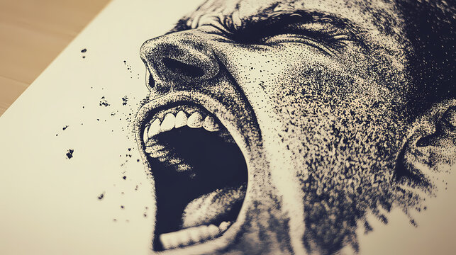 A close-up drawing of a screaming face in pointillist style. Pointillist Portrait. Illustration