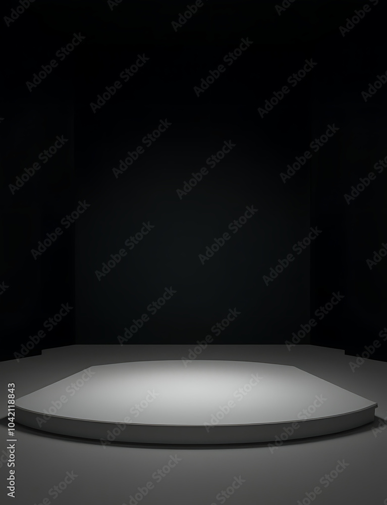 Poster a contemporary performance stage with sleek black walls, no set design, and soft white lighting crea