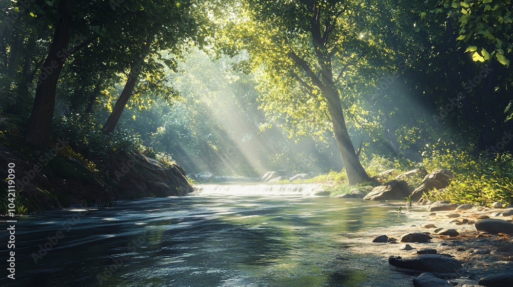 Poster sunlight streams through the trees illuminating a tranquil forest river.