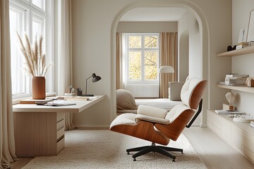 Fototapeta premium Modern minimalist home office with cozy lounge area and natural lighting