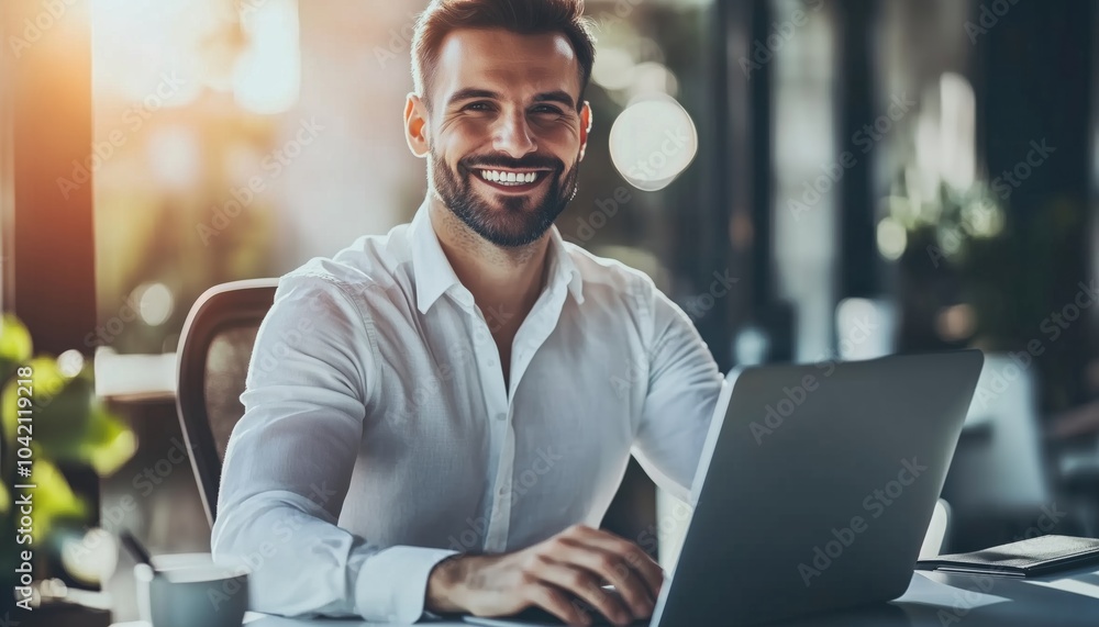 Poster successful businessman smiling while working with laptop in office, satisfied with financial results
