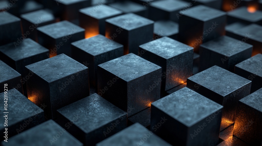 Fototapete A captivating arrangement of dark cubes is illuminated from within, showcasing a stunning geometric pattern that glows softly in the dark.