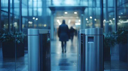 People entering a modern office building through automated turnstiles during morning hours