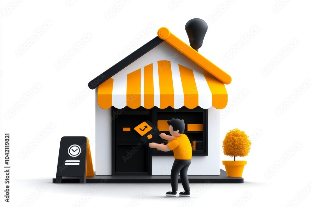 Poster Simple minimalist customer loyalty icon, showing a customer returning to a store in a clean, abstract style
