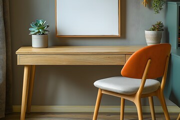 Minimalist home office interior with wooden desk and orange chair