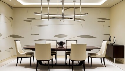 Elegant dining room featuring bold wallpaper and high-end furniture design