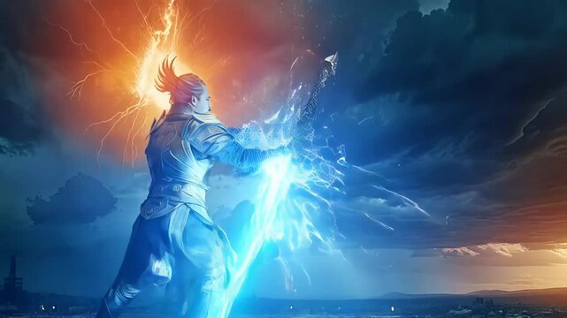 Medieval fantasy warrior stands with his back to the viewer, holding a glowing sword aloft as a storm rages in the background