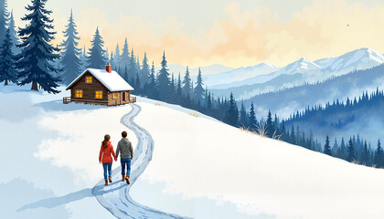 Couple walking hand in hand on snowy path towards cozy cabin in winter mountain landscape