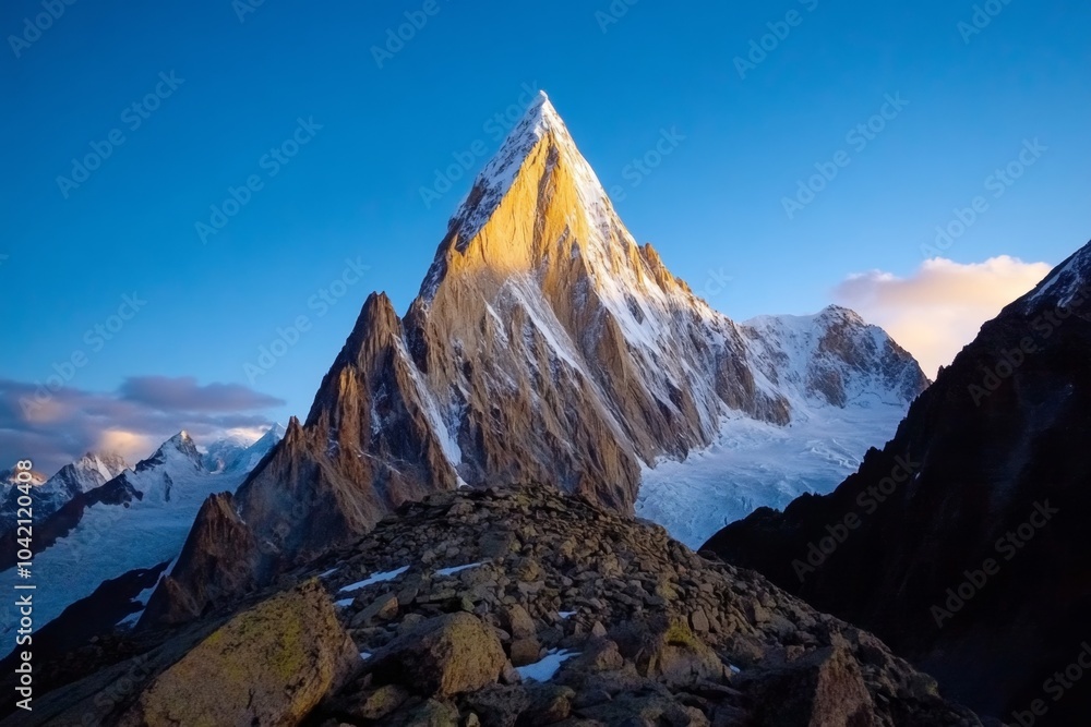 Poster sunrise over monte fitz roy, with the jagged peaks glowing in soft pinks and oranges as the first li
