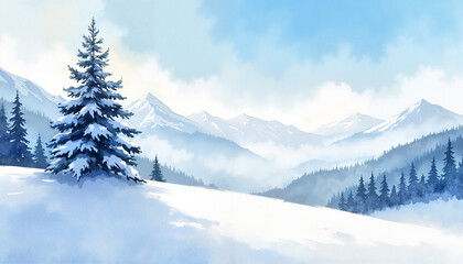Fototapeta premium Serene winter landscape with snow-covered mountains and evergreen trees under blue sky
