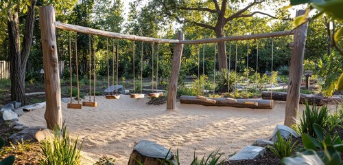 A natural play zone featuring wooden swings, climbing logs, and sandy areas, surrounded by native plants and trees, encouraging outdoor exploration and play.