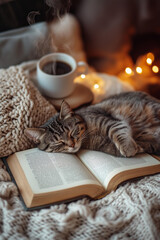ozy photo, cat sleeping on an open book with a steaming hot coffee above it, a knitted blanket and pillows in the background, cozy lights, and soft, warm colors