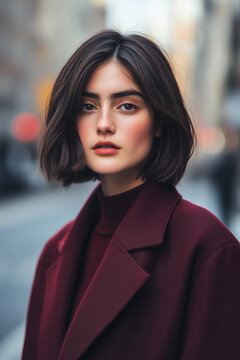 cute and fashionable woman wearing an oversized burgundy wool blazer. She has shoulder-length hair in a dark brown color. Her face is not covered by the jacket, so you can see her very short bob-cut 