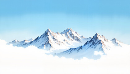 Fototapeta premium Snow-capped mountains emerging from clouds against clear blue sky in minimalist style