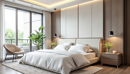 A modern bedroom with a large bed, white bedding, and a neutral-colored headboard. The room has large windows letting in natural light, and there are some plants and decor elements visible
