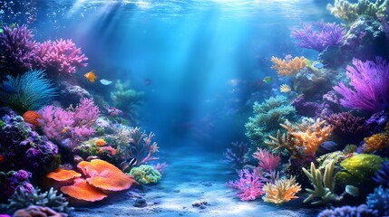 Obraz premium Vibrant underwater scene with colorful corals and shimmering fish.