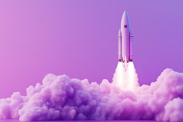 Fototapeta premium rocket taking off, purple background, lilac smoke, minimalist style, wallpaper, startup concept , high-definition wallpaper