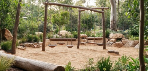 A natural play zone featuring wooden swings, climbing logs, and sandy areas, surrounded by native plants and trees, encouraging outdoor exploration and play.
