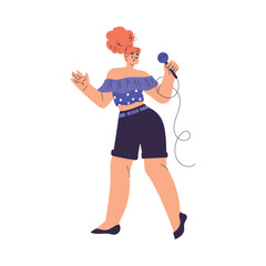 Woman Character Singing with Microphone Enjoy Karaoke Vector Illustration