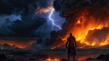 Digital illustration of a knight watching a volcano erupting under a stormy sky, with lava and lightning in the background - Powered by Adobe