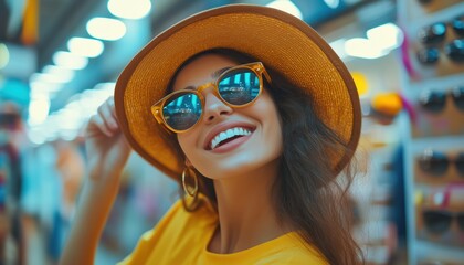 Joyful Lady Trying On Stylish Shades In An Optical Boutique. Happy Girl Experimenting With Fashionable Sunglasses At A Discount.
