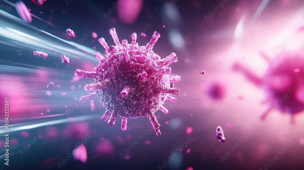 Poster a vibrant graphic showing a virus particle mutating and evolving, depicting the constant adaptation 