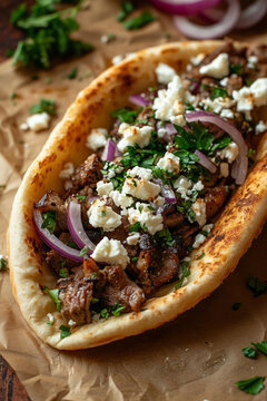 Delicious food photography of a Greek giros pita with lamb shawarma, red onion, and feta cheese on a brown paper background.