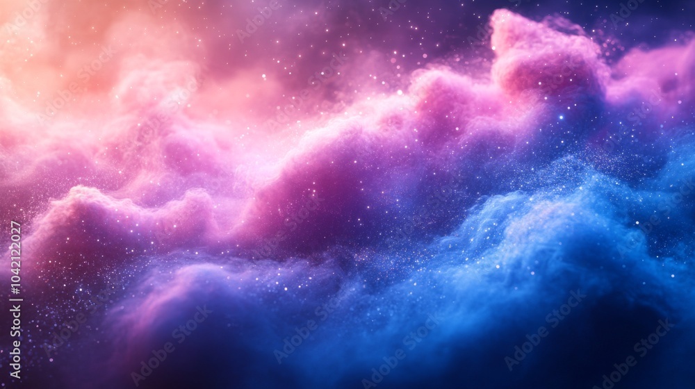 Poster swirling clouds of vibrant colors blend together in a captivating cosmic scene, filled with sparklin