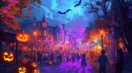 Obraz premium A vibrant Halloween street filled with colorful trick-or-treaters, glowing pumpkins, and neon witches flying overhead.