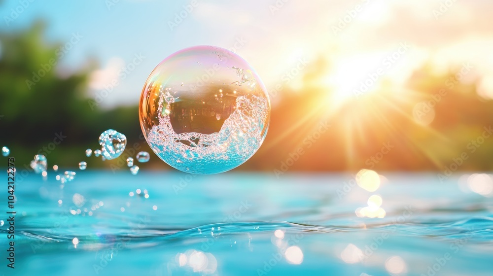 Aufkleber a soap bubble floating above a pool of water, with sunlight reflecting off its surface and creating 