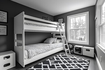Modern black and white kids' bunk bed room with polka dot bedding and geometric rug
