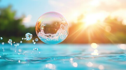 A soap bubble floating above a pool of water, with sunlight reflecting off its surface and creating a rainbow.